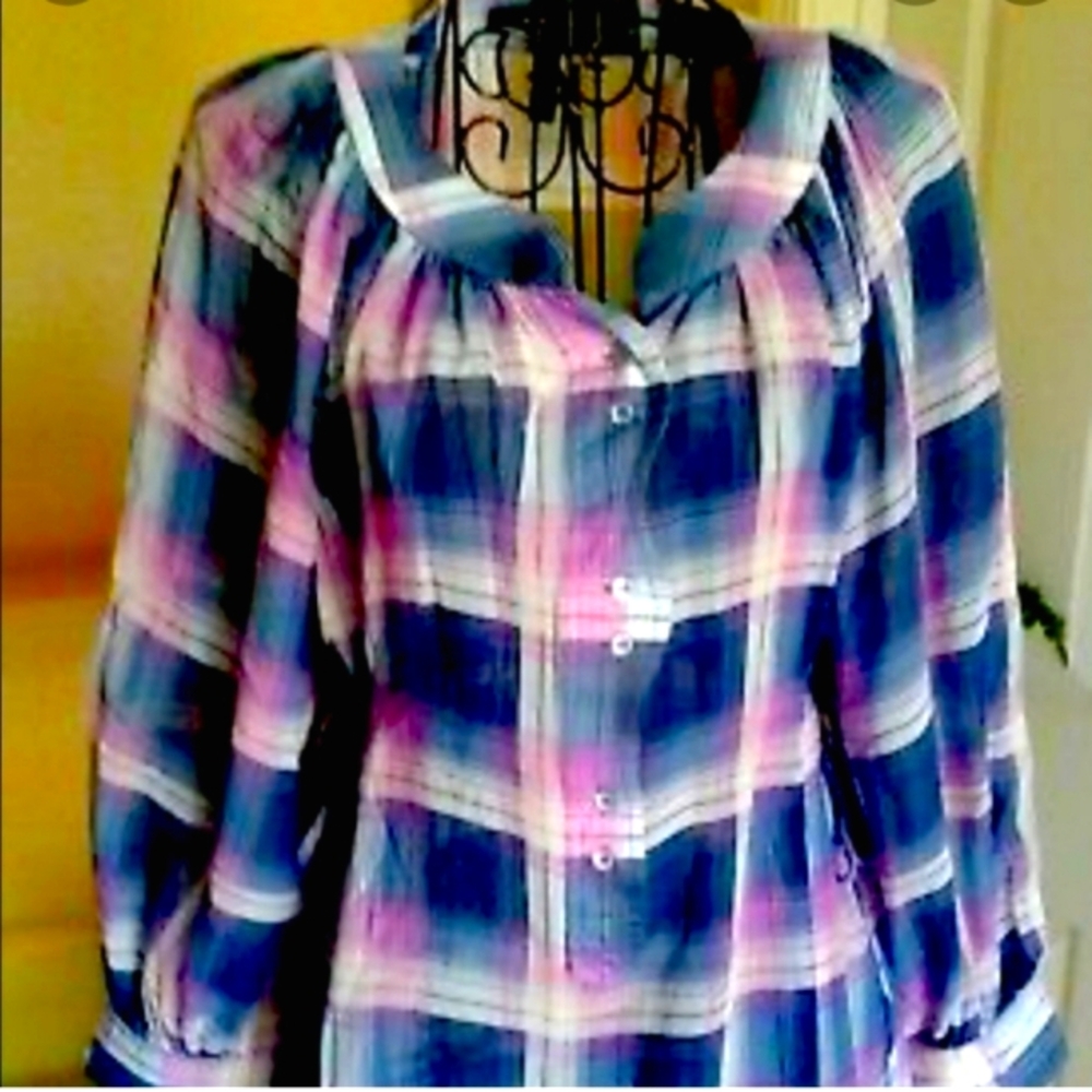 BCBG MAXAZRIA Plaid Sheer Button-up Long-Sleeve Silk Top Blouse Size L